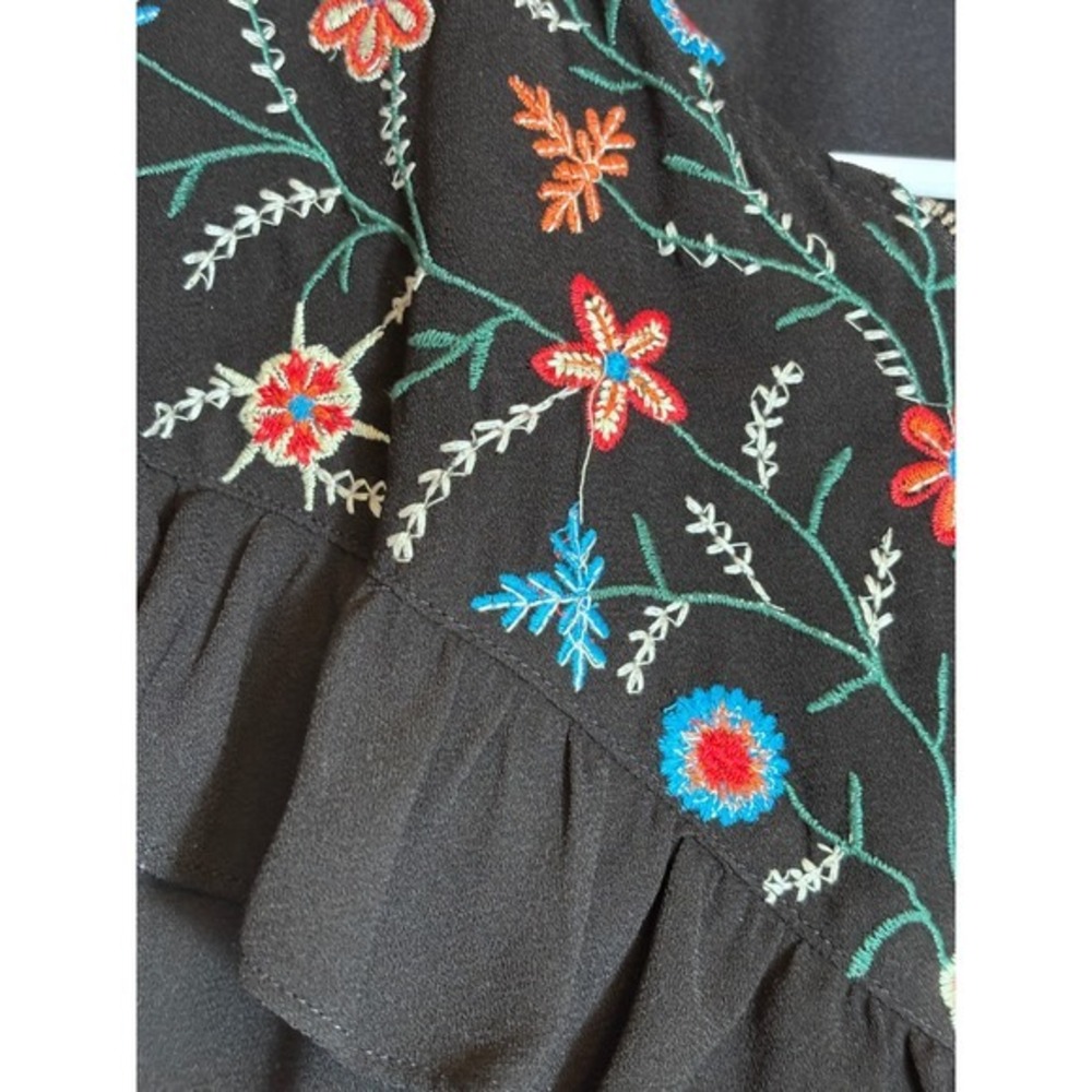Zara TRF Black Embroidered Floral Ruffle Bomber Jacket Womens Medium Zip Up Boho - Picture 3 of 7